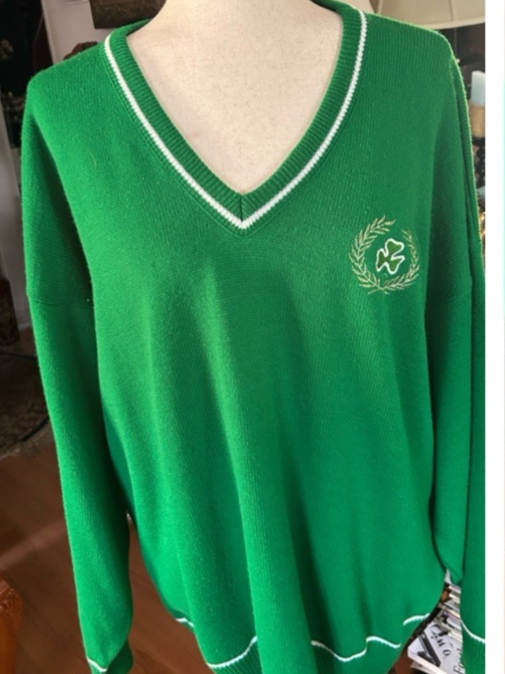 Vintage Green Shamrock Sweater with White Trim